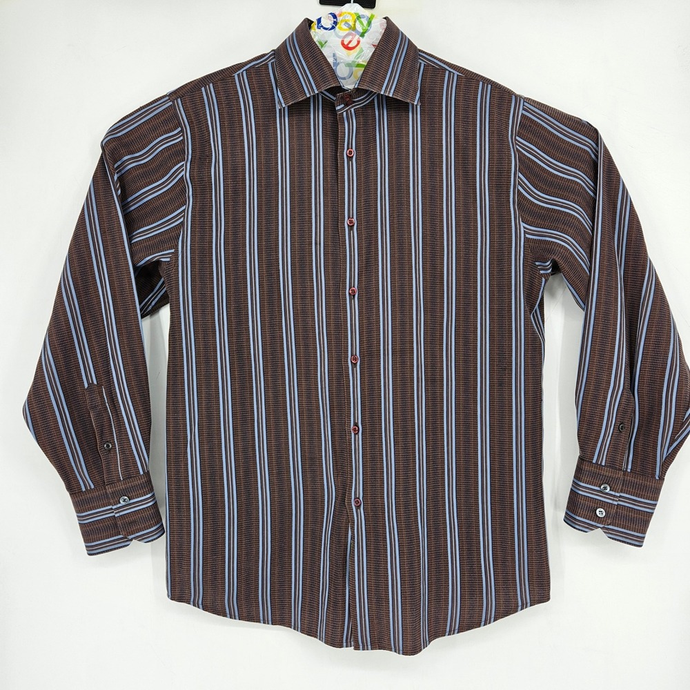 Roar Shirt Mens Extra Large Striped Button Up Long Sleeve Brown Blue Casual